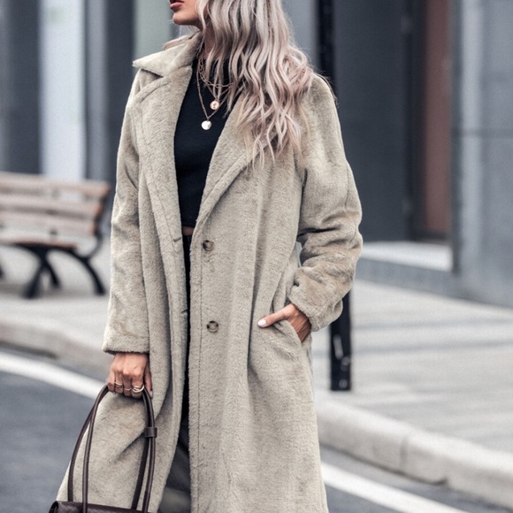 tan button pocket trench coat teddy jacket fall - Picture 2 of 6